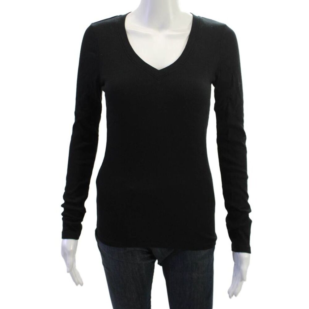 Sundays Womens V-Neck Long Sleeve Basic T-Shirt Black Size 0